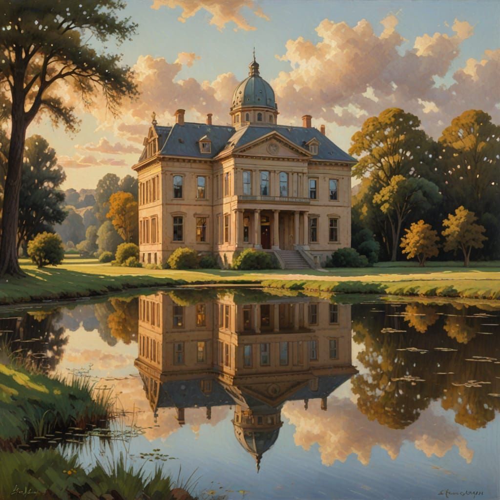 A Classical Building in Serene Landscape, Impressionist Oil ...