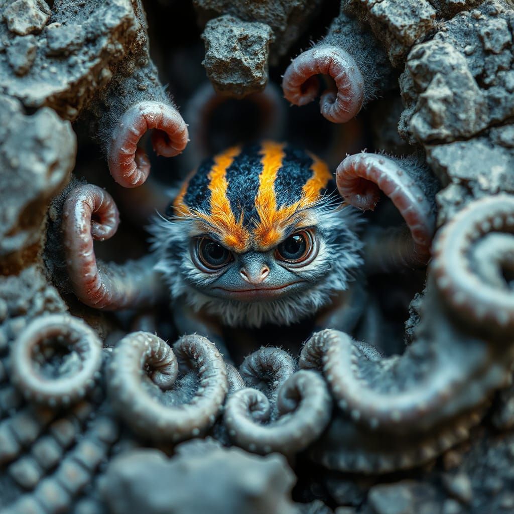 Creepy Cute Neon Furry Creature in Rock Fissure