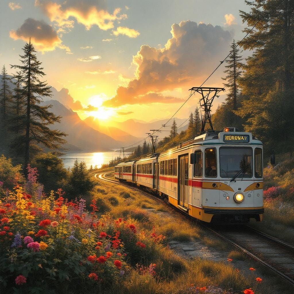 Sun-Kissed Tram in Norway: Oil Painting