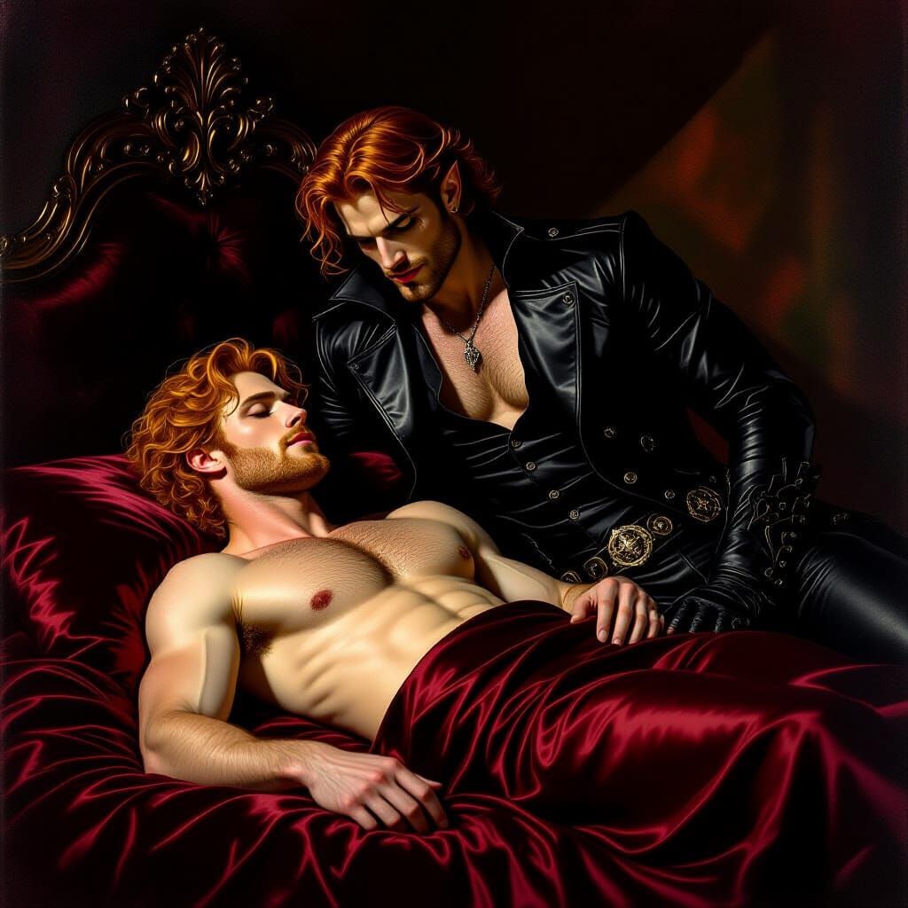 Gothic Vampire Seduces Companion in Dramatic Lighting