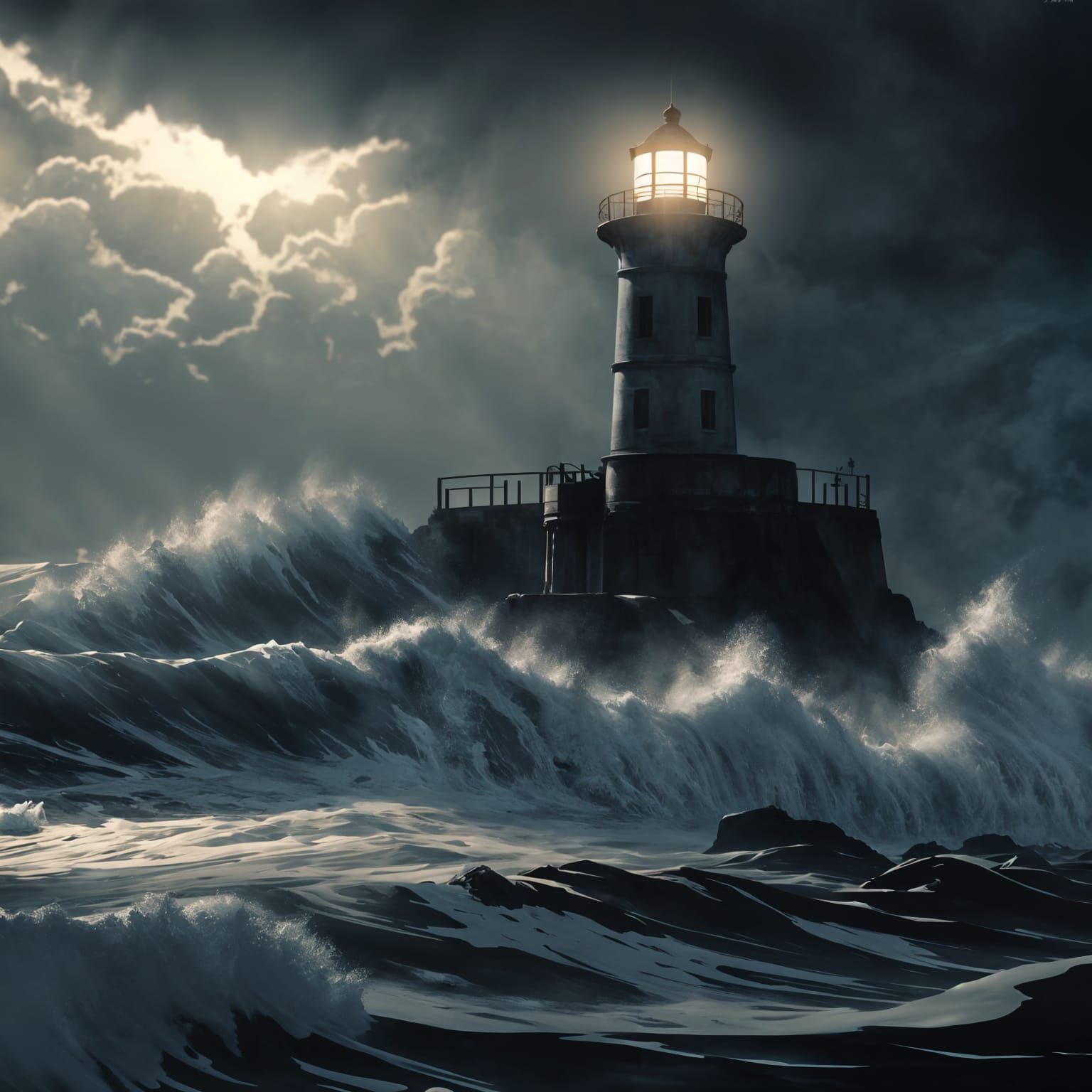 Mysterious Lighthouse in Turbulent Stormy Seas, in the Style...