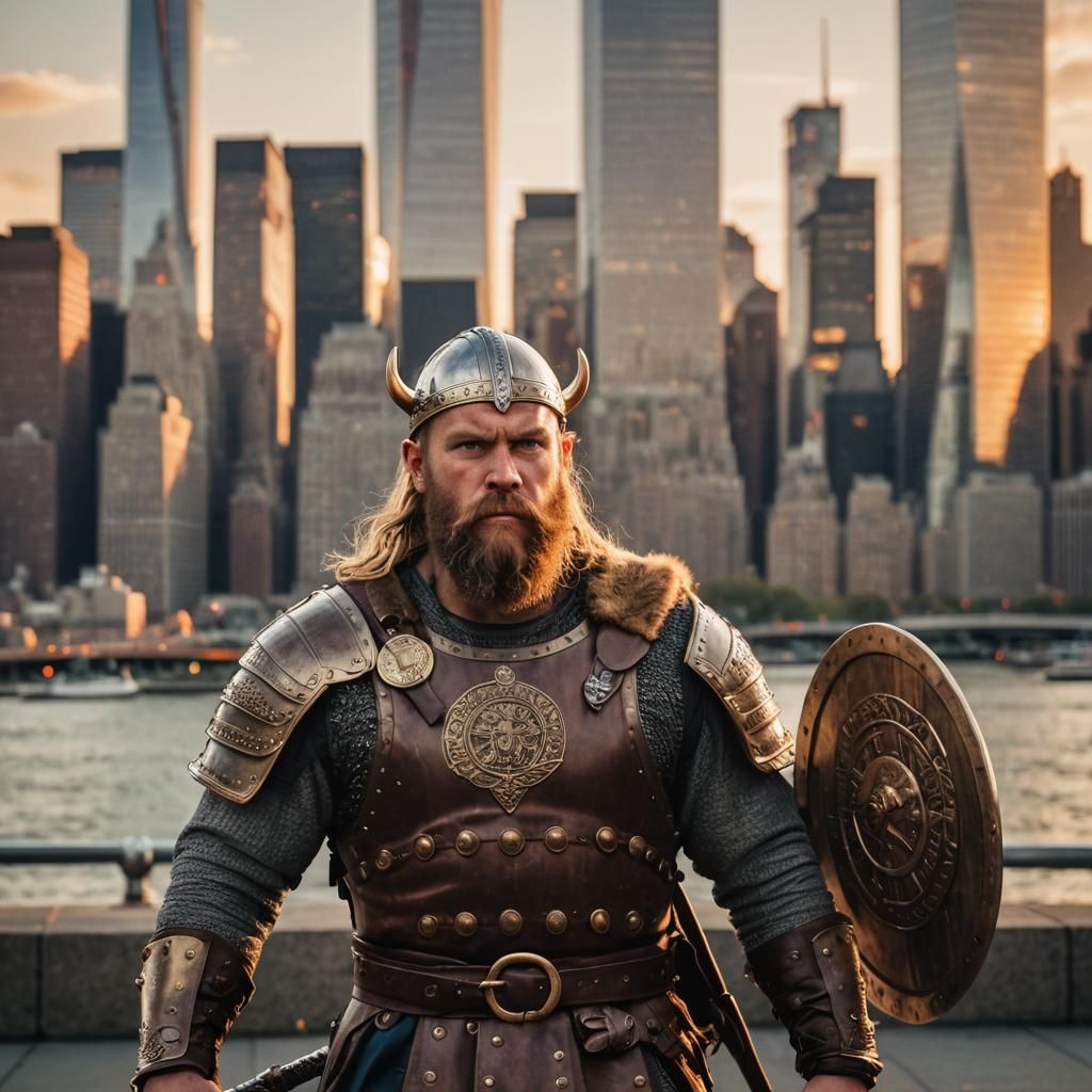 Viking Warrior Stands Before New York City Skyline