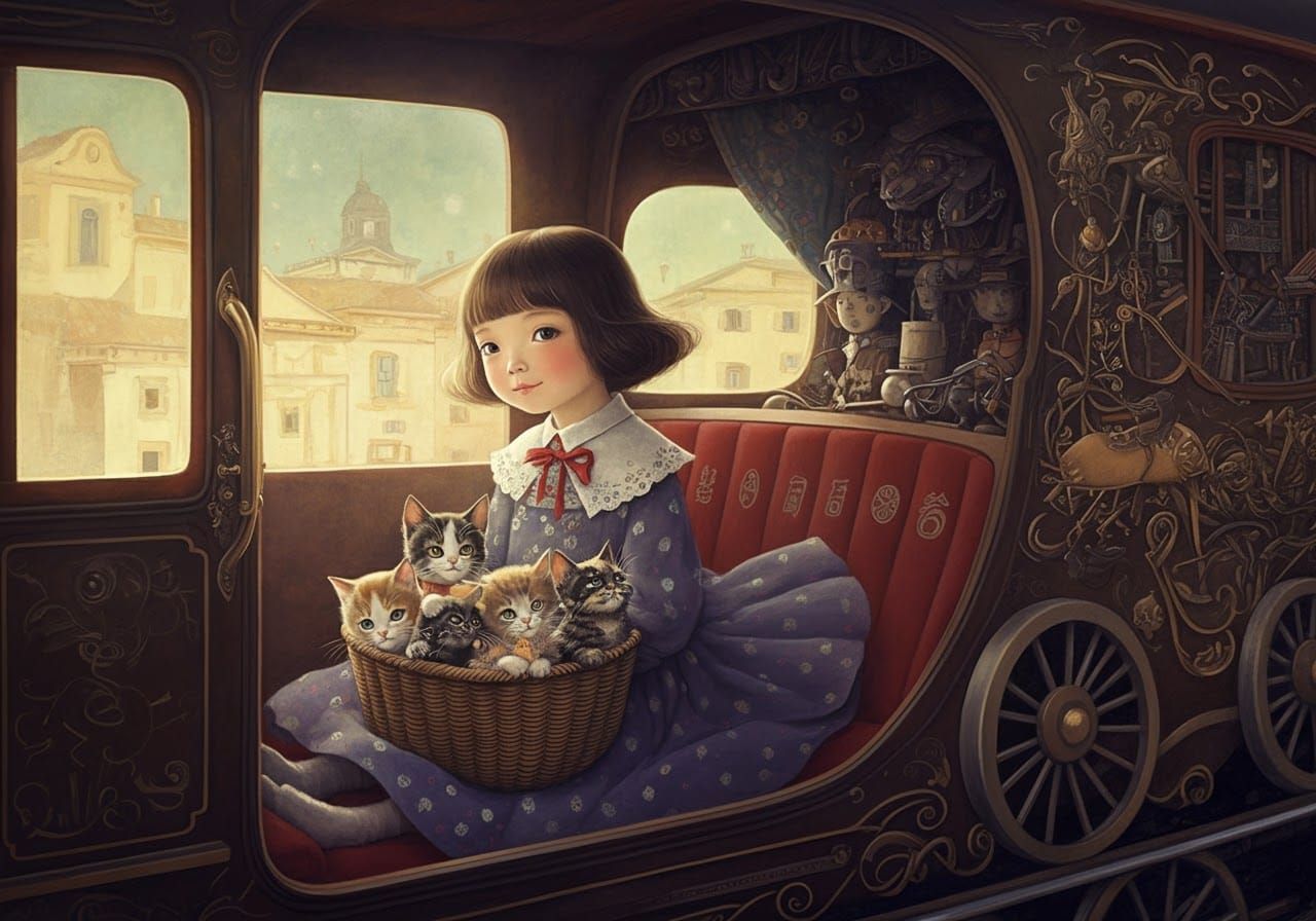 Girl on Train with Kittens: Art Nouveau Style
