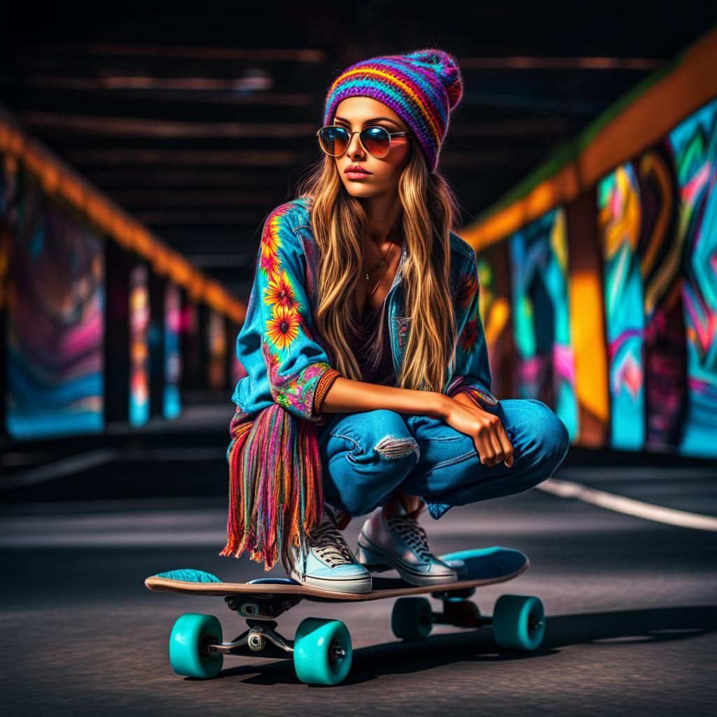 Hippie girl on a (skateboard:1.9)