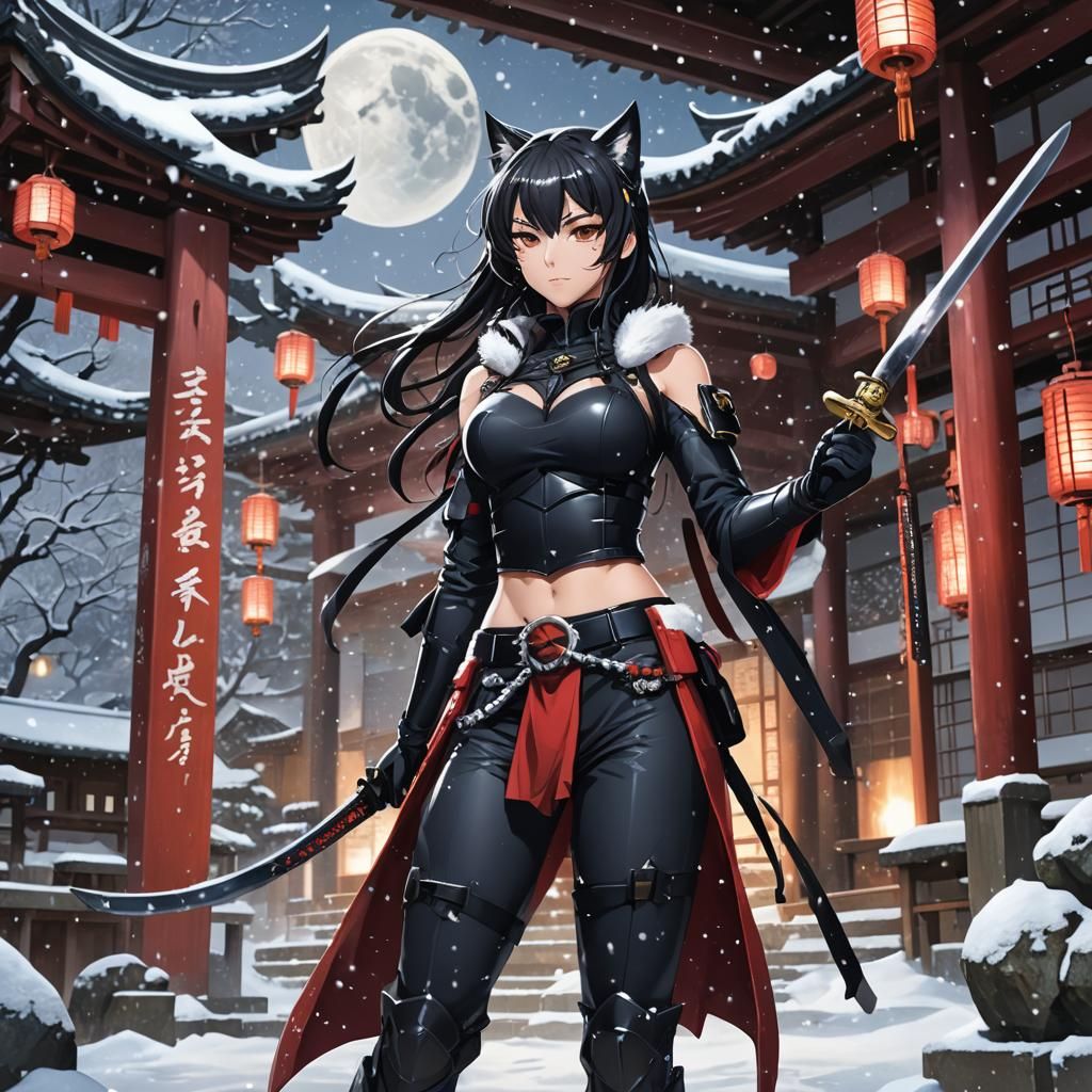 Anime Cat-Woman Ninja in Snowy Shrine