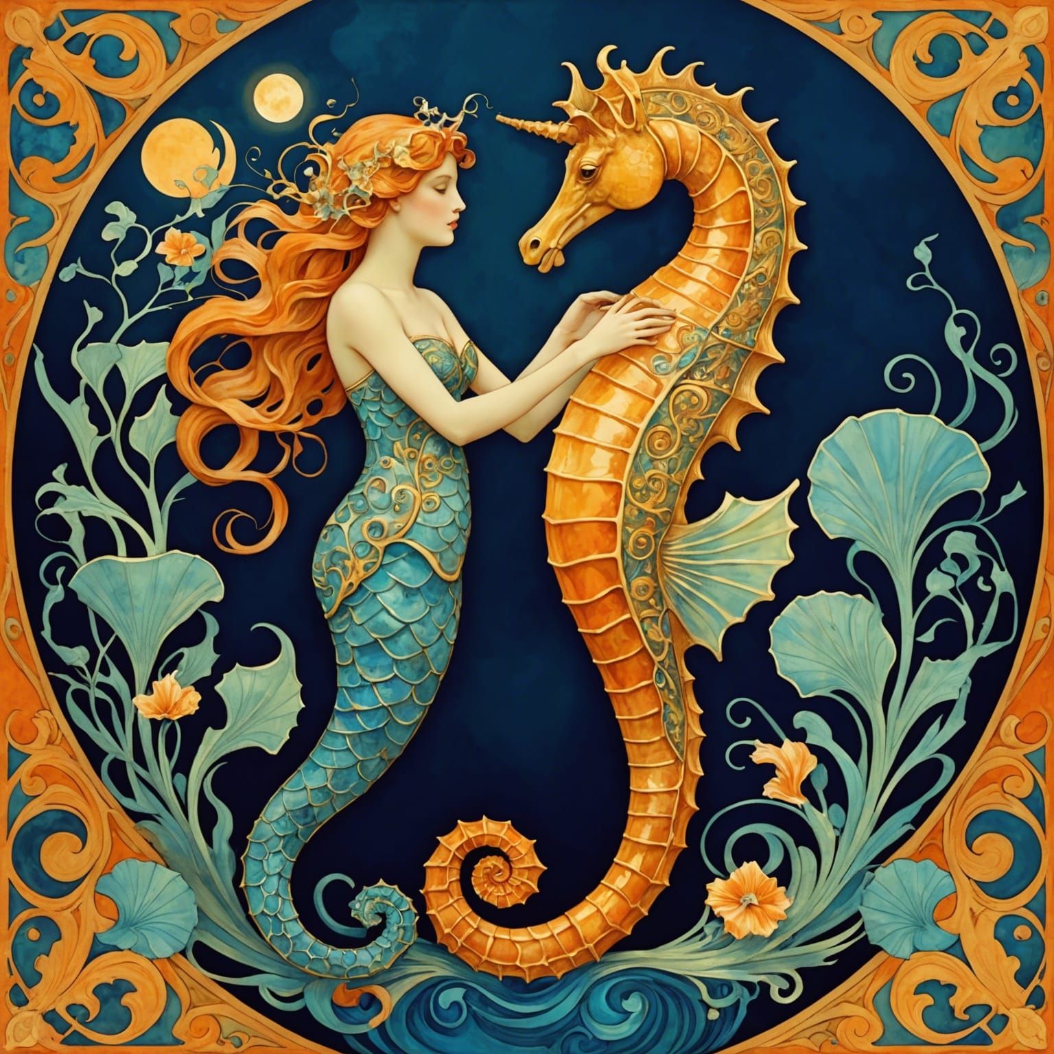 Mermaid and Seahorse: Art Nouveau Digital Painting