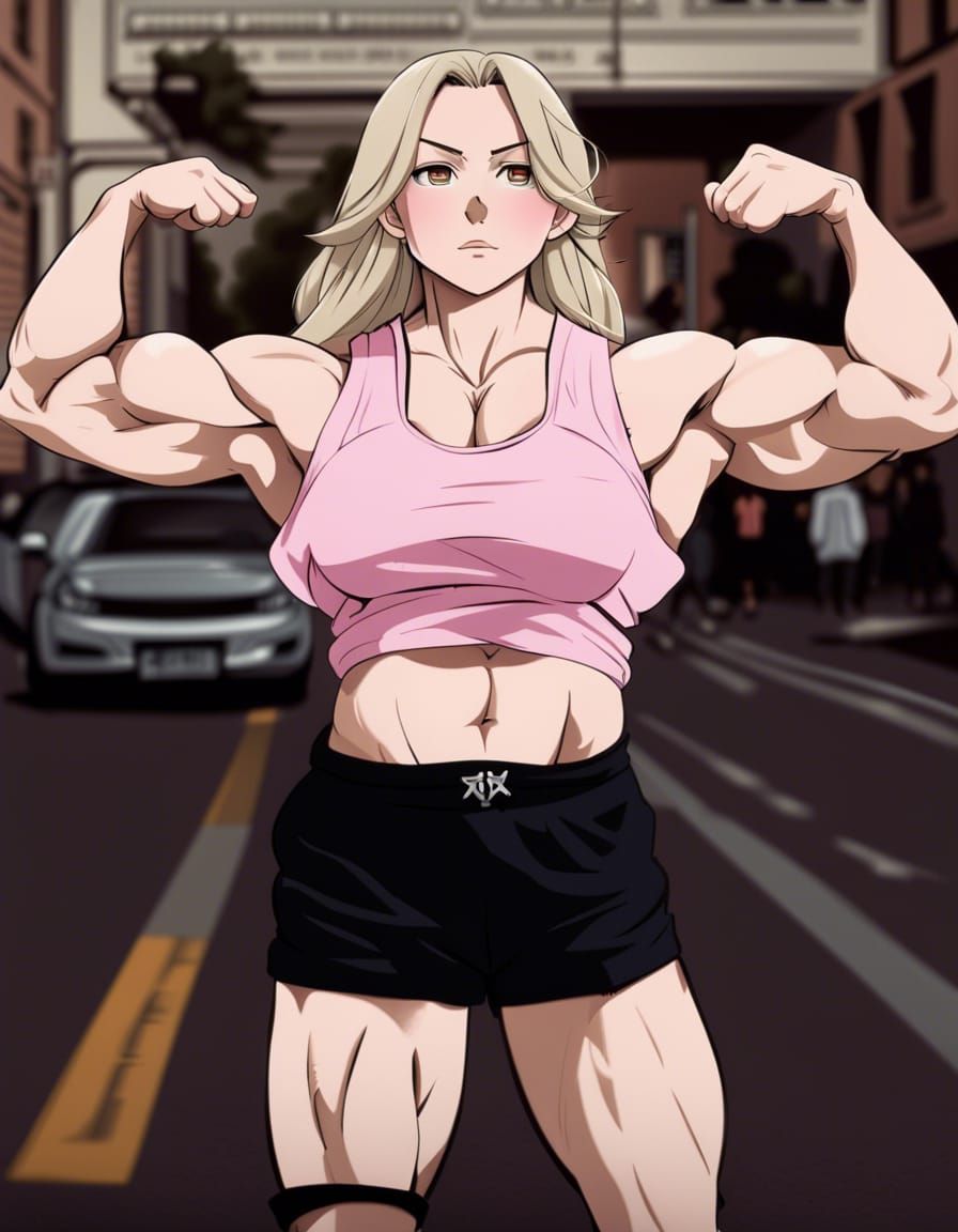 Anime-Style Muscular Woman Flexing Biceps