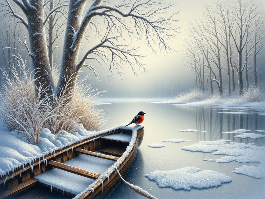 Frozen Lake Oil Painting with Bird