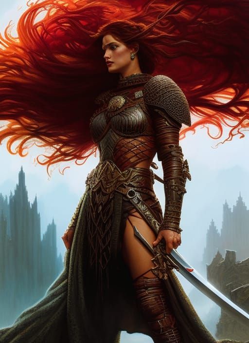 Red Sonja Ink Painting in Hyperreal Style