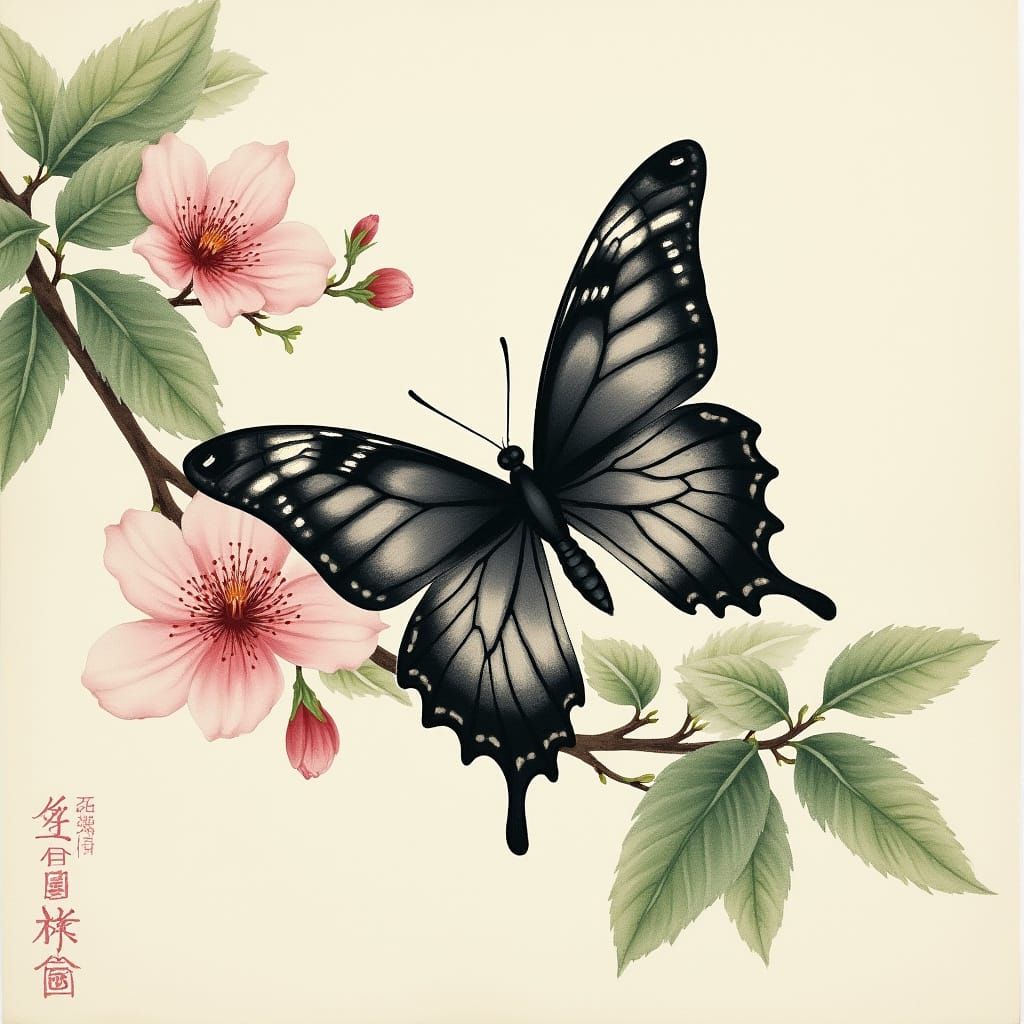 Ethereal Black Butterfly on Cherry Blossom Branch in Traditi...
