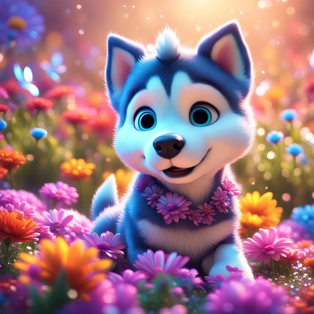 Sparkling Husky Puppy in a Floral Pixar Scene