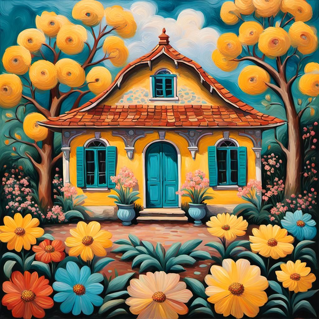 Impressionistic Garden Scene with Yellow House