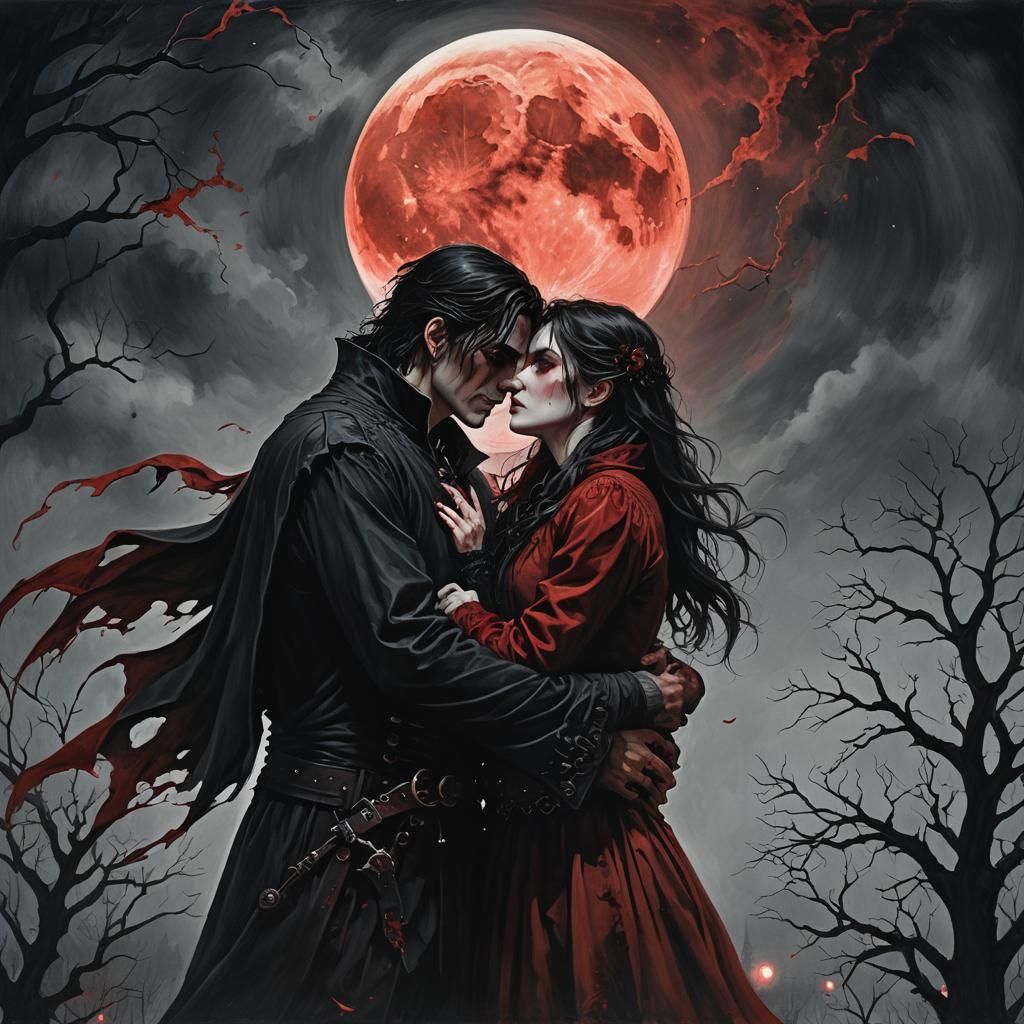 Gothic Embrace Under Blood Moon: Dark Fantasy Art