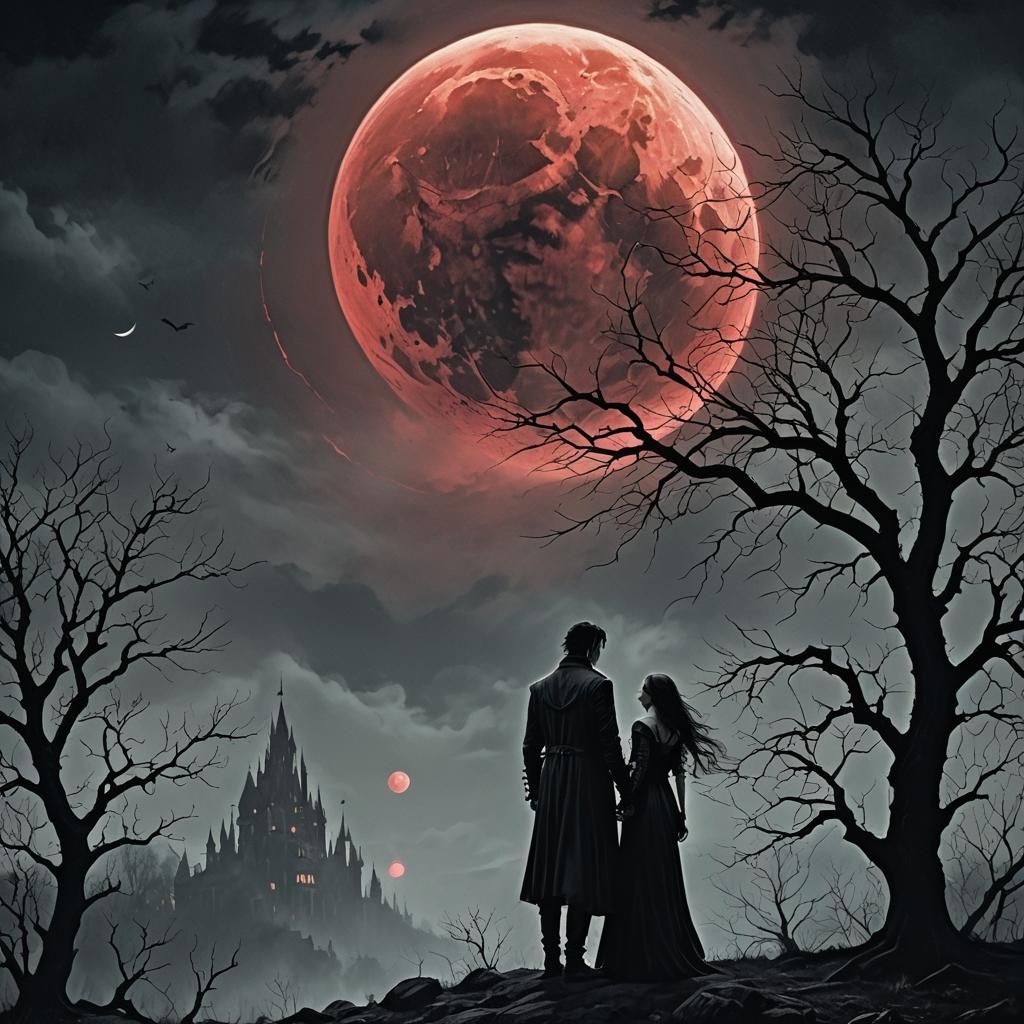 Gothic Lovers Under Blood Moon: Dark Fantasy Art