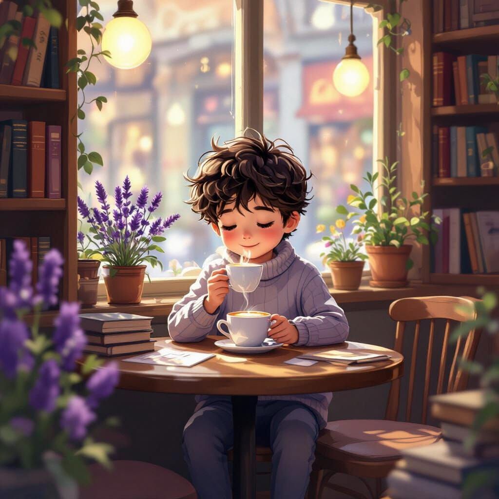 Lavender Latte Boy in Dreamy Café, Digital Art