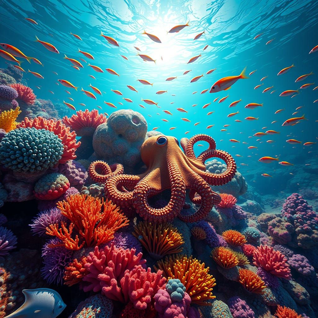 Vibrant Coral Reef with Blue Ringed Octopus in Stunning Deta...
