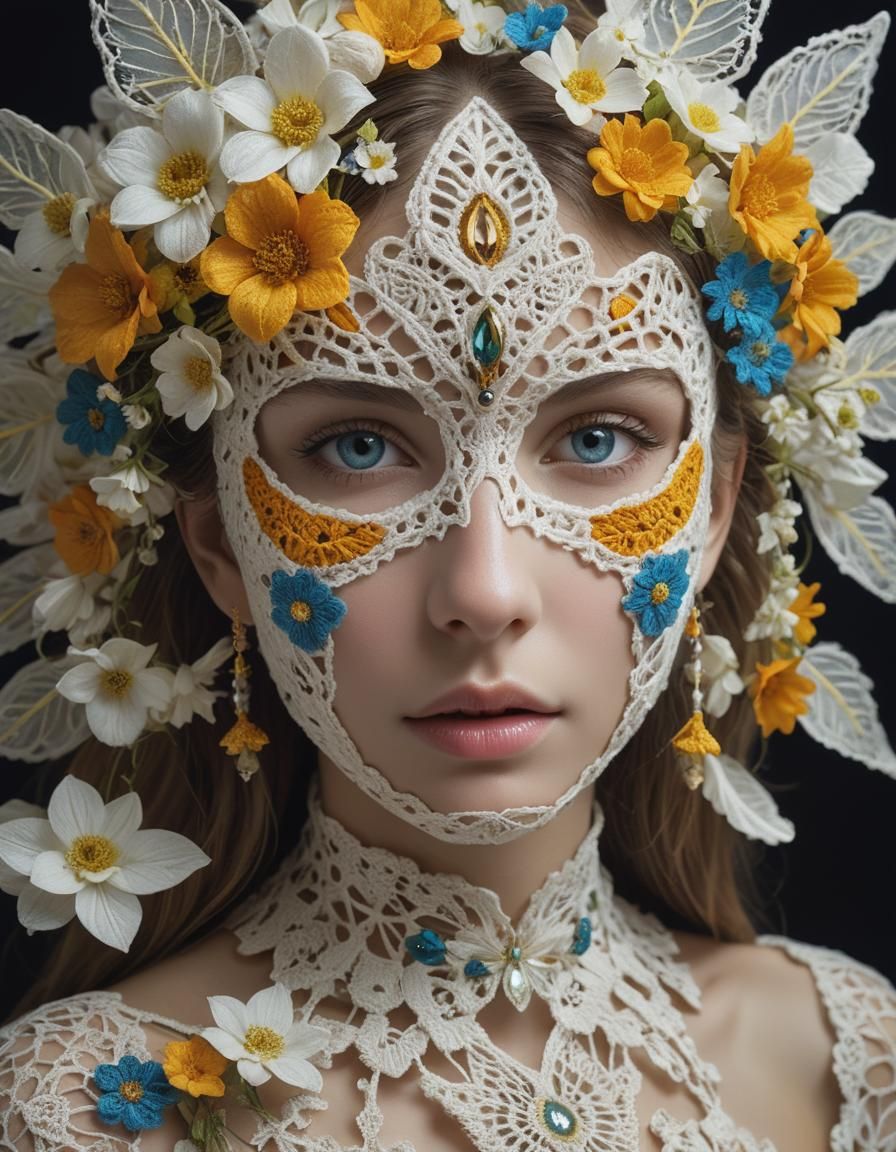 Woman in Crocheted Mask with Bioluminescent Flowers
