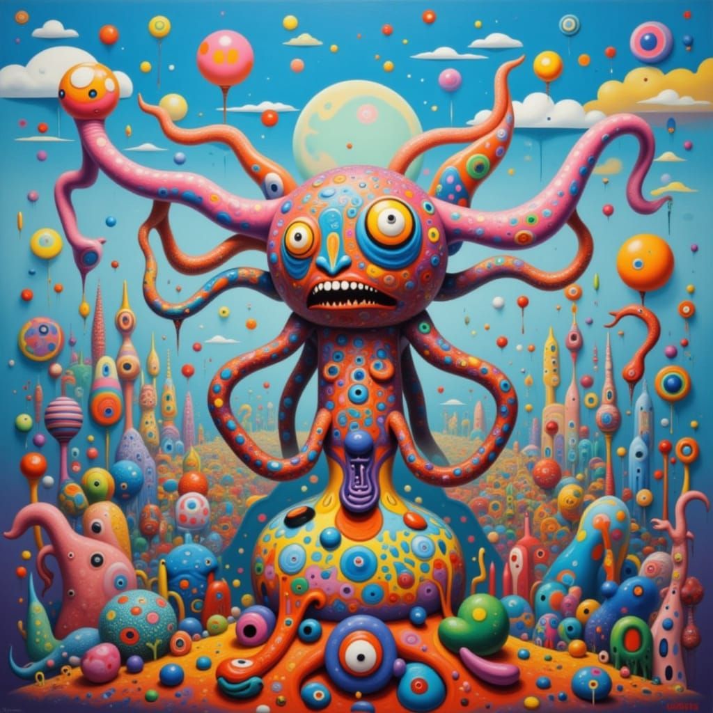 Vibrant Surreal Creature in Misty, Unusual Town