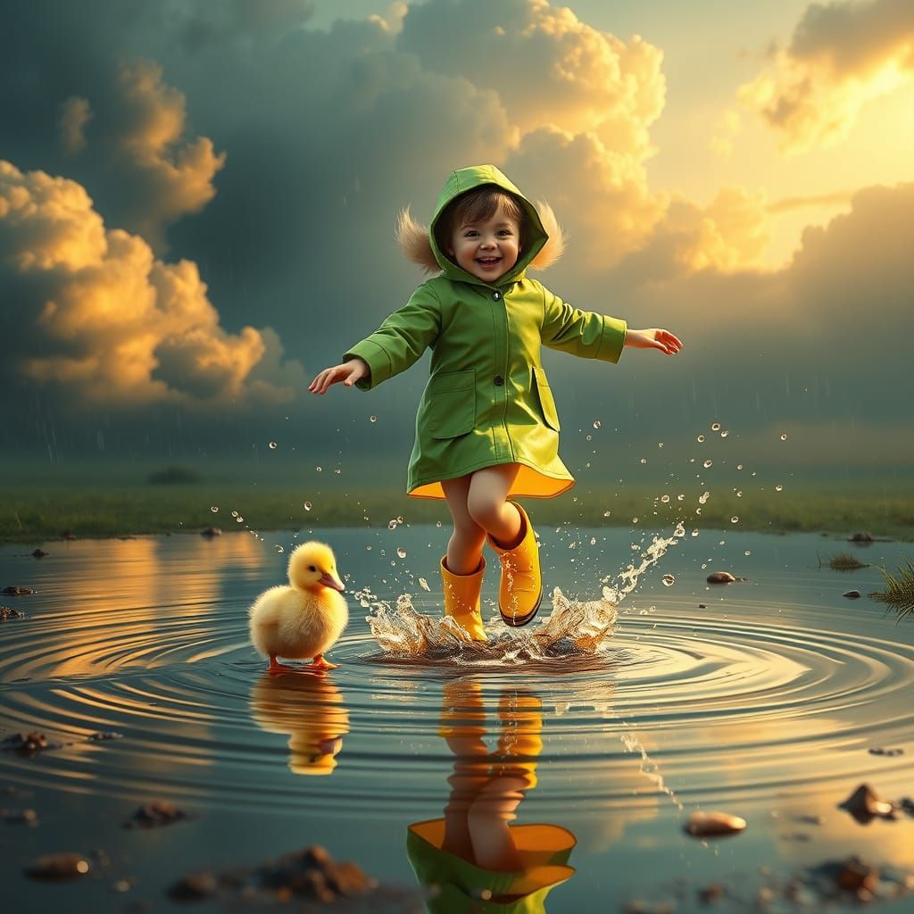 Whimsical Art Nouveau Girl Plays in a Rainy Day Puddle