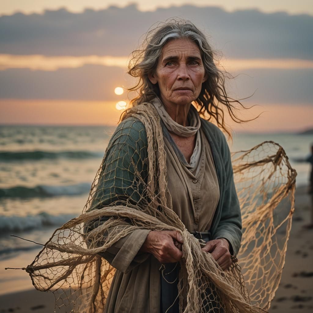 Worn Fishwife by the Sea in Golden Sunset