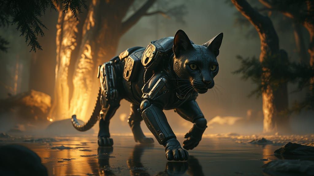 Cybernetic Cat in Mystical Forest: Hyperrealistic Rendering