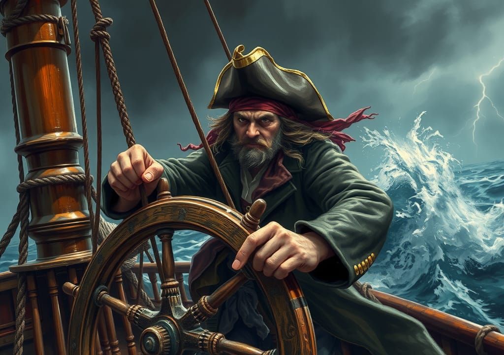 Pirate Captain Battles Storm in Romantic Style