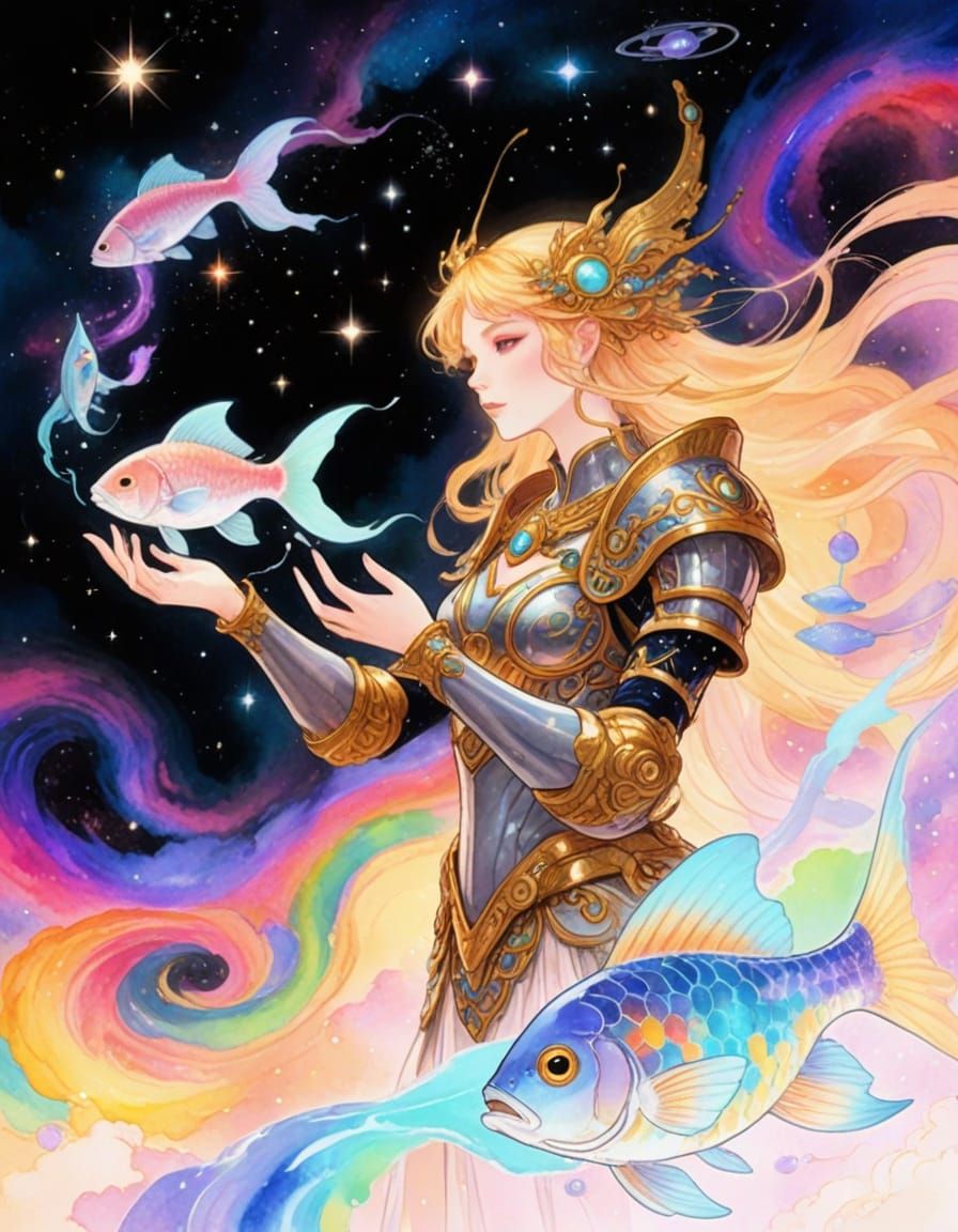 Celestial Warrior Princess Captures Cosmic Fish in Nebula