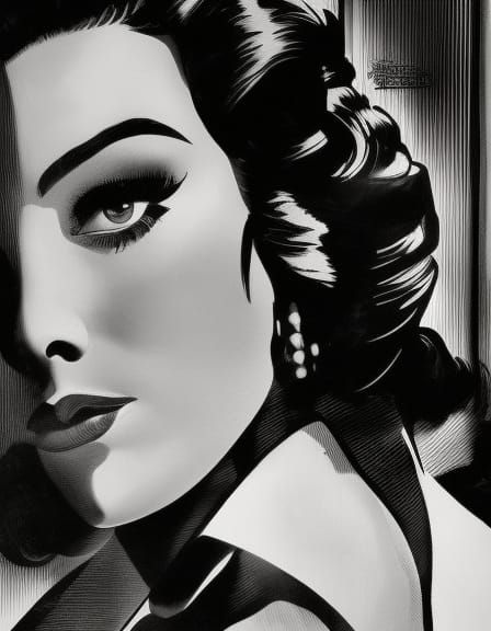 Romantic Heroine in Film Noir Ink Drawing
