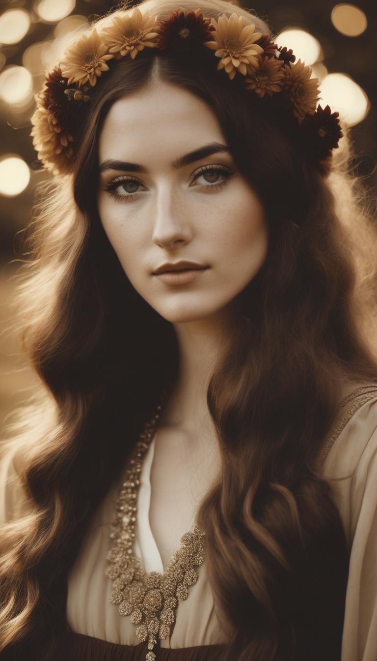 Vintage Photo of Hippie Girl with Flower Wreath