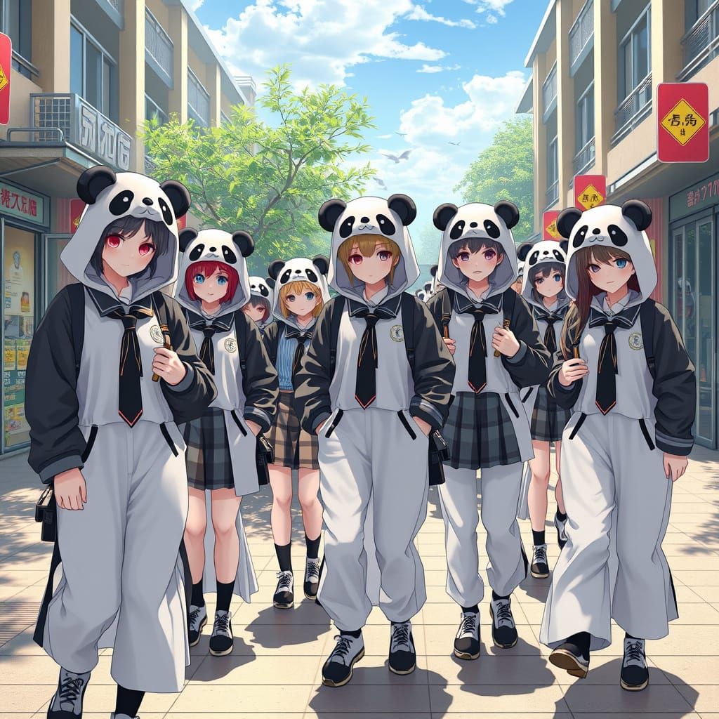 High School Students in Panda Kigurumi-Inspired School Unifo...