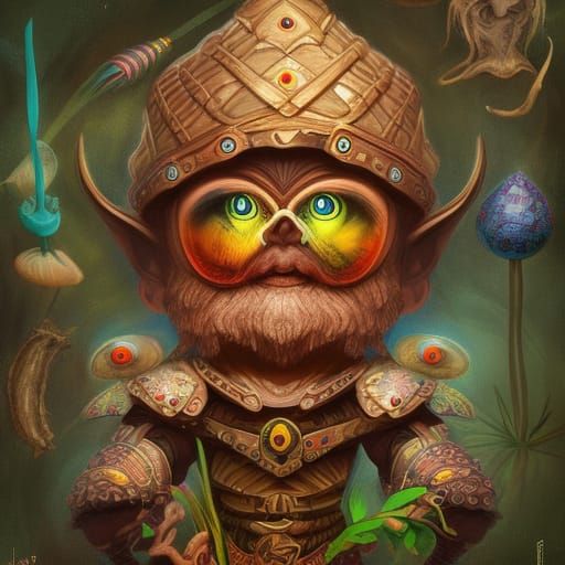 Tribal Mushroom Gnome Warrior in Dark Fantasy Style