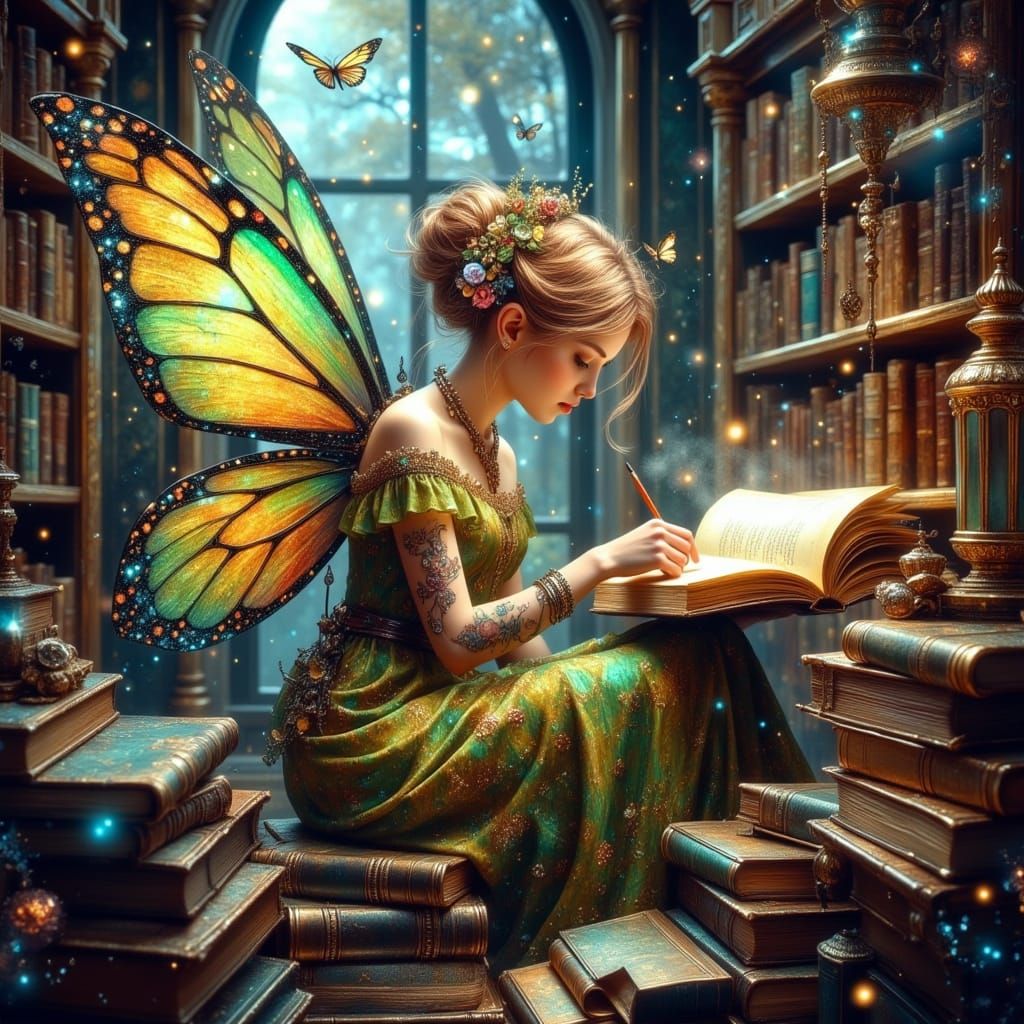 Whimsical Library Fairy on Books