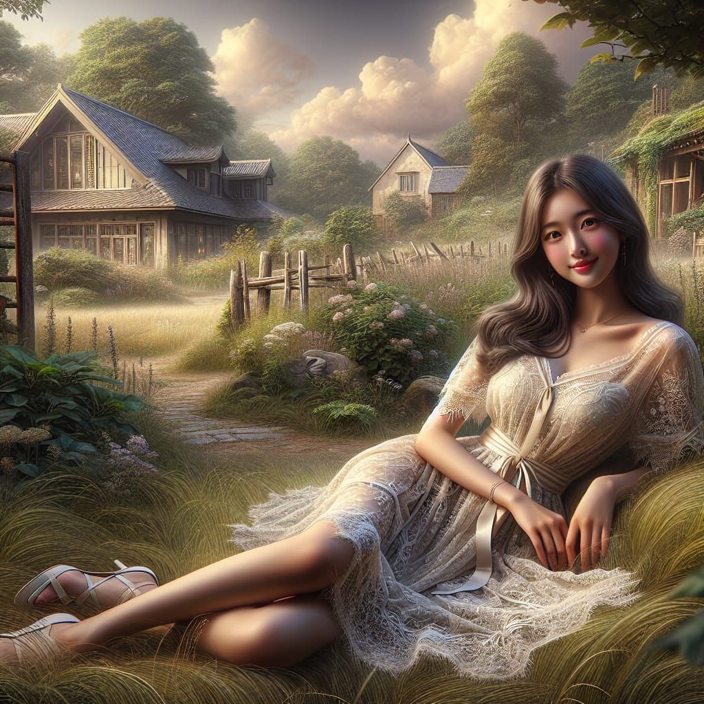 Meadow Serenity: Asian Woman in a Wild Backyard