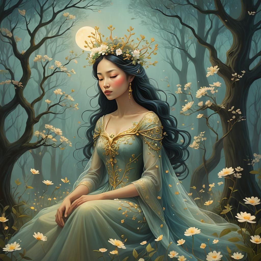 Queen in Misty Forest: Whimsical Digital Art