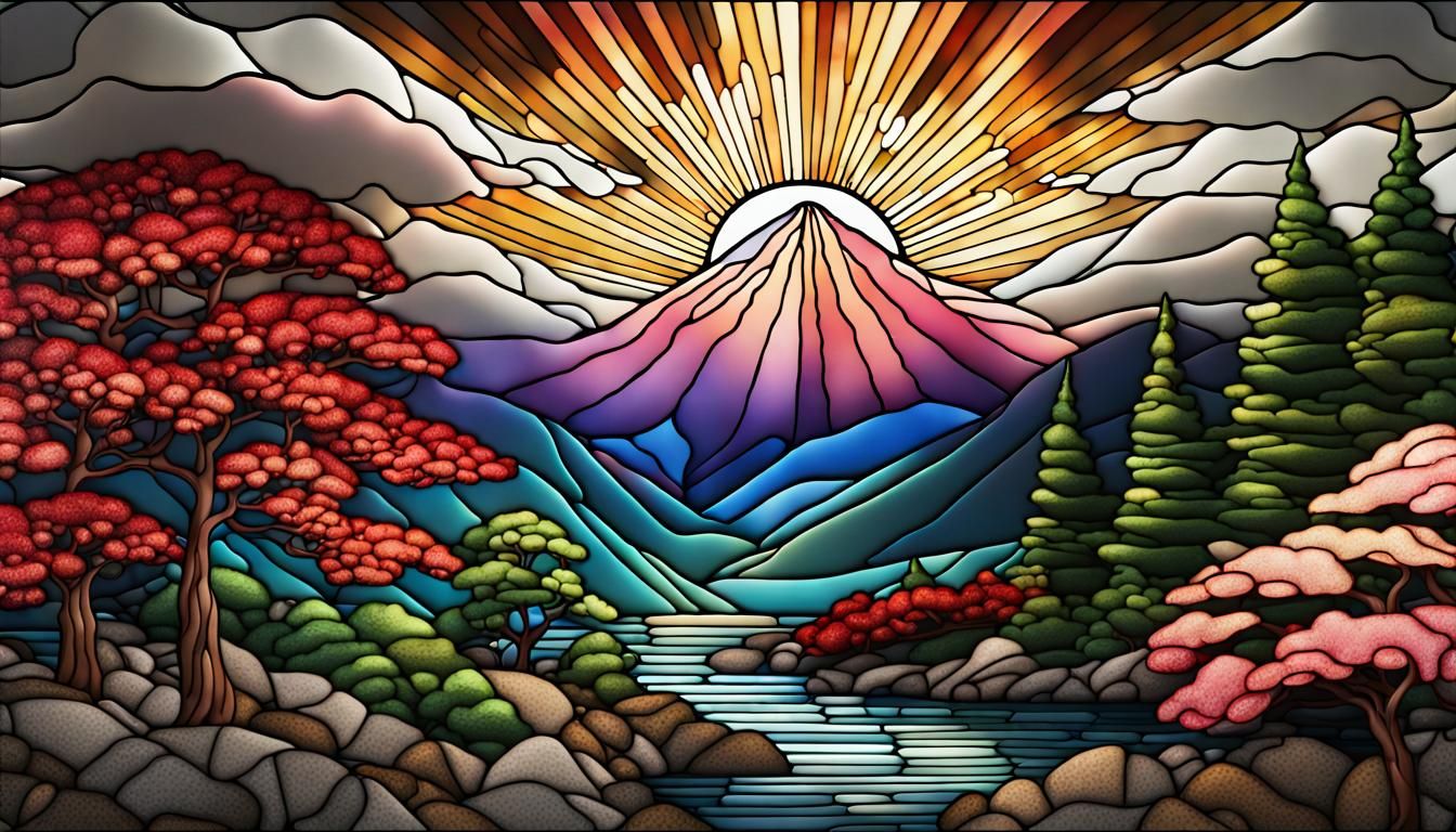 Detailed Japanese Mountain Sunset in Stained Glass