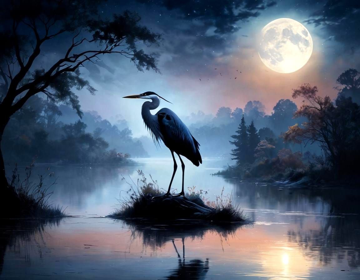 Heron Silhouette Over Moon in Hyperrealistic Style