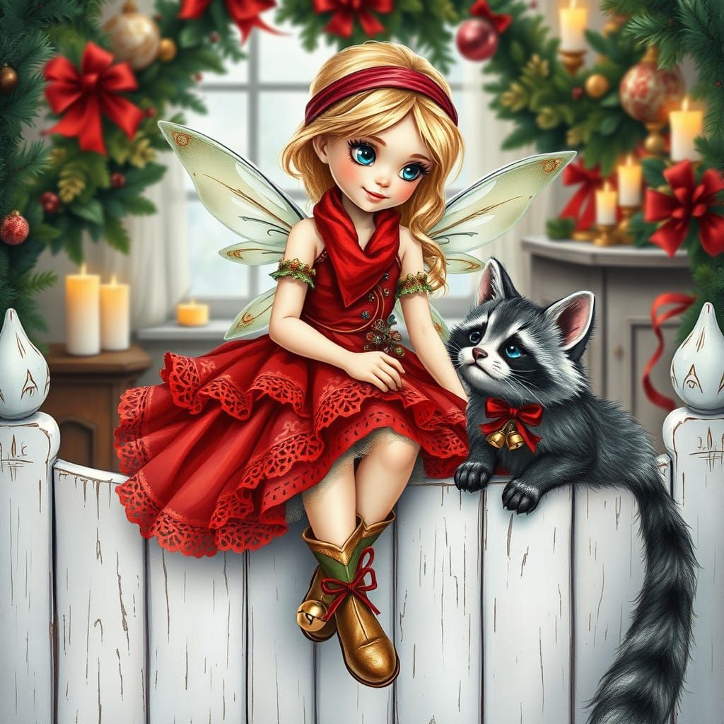 Delicate Christmas Fairy Sits on Distressed Fence with Fluff...