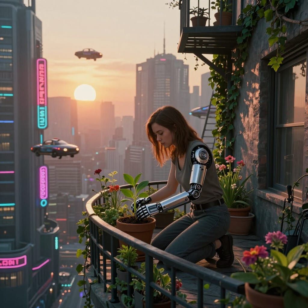 Dystopian Morning: Woman Tends Garden on Cyberpunk Balcony