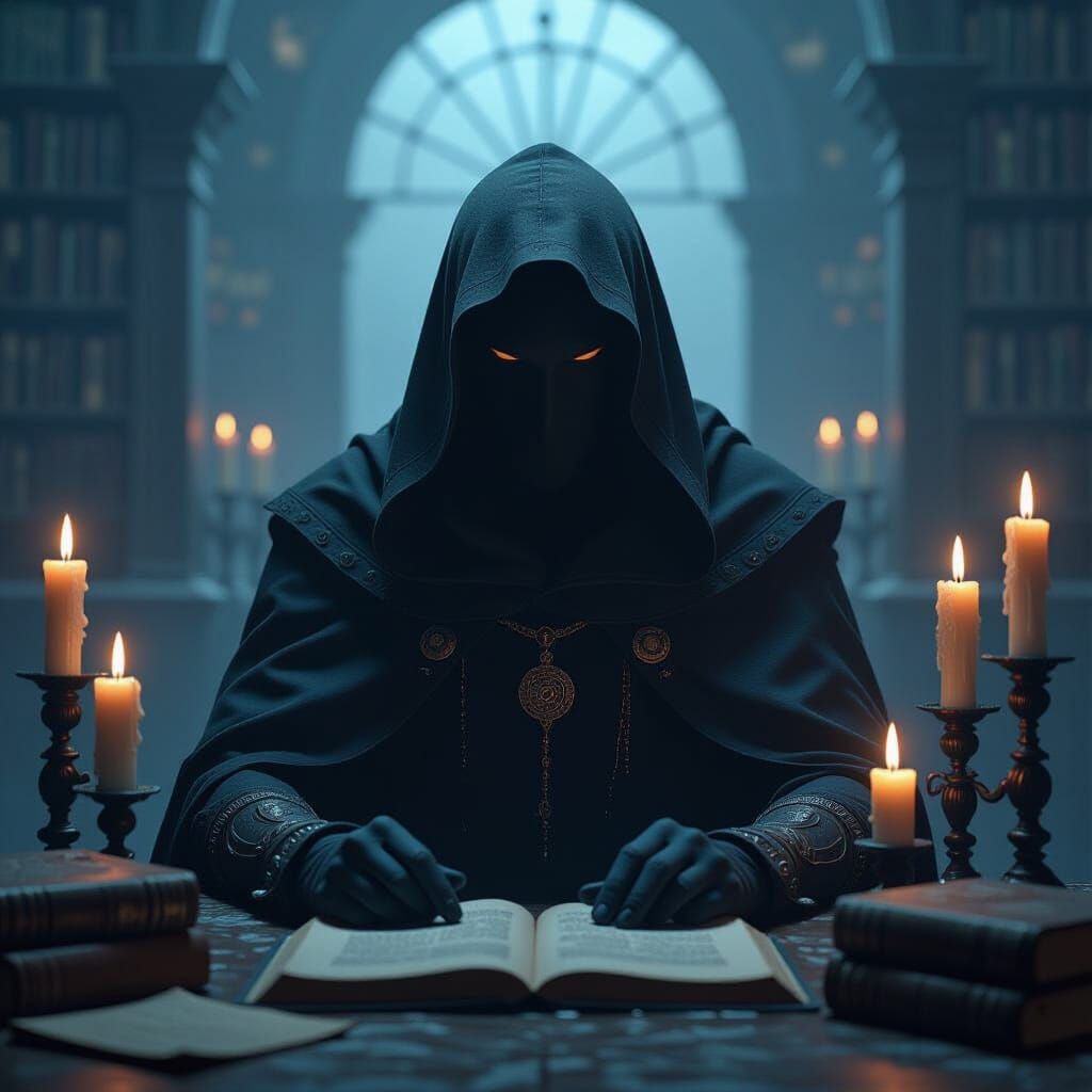 Mysterious Figure in Noir Style with Ancient Tomes