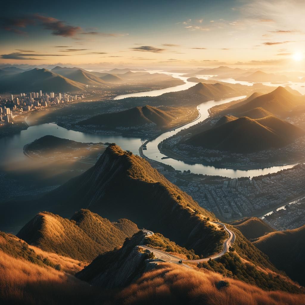 Panoramic Cityscape at Sunset from Mountain Peak