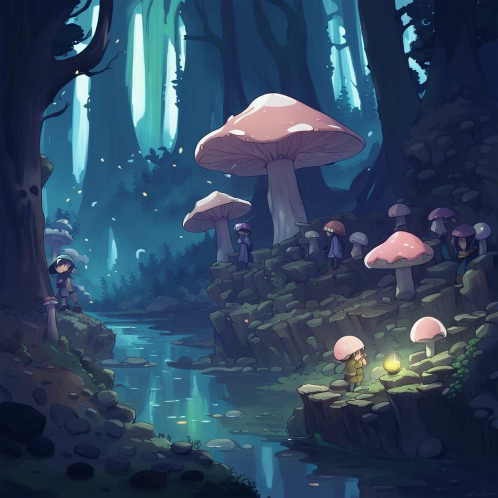 Enchanted Night Mushroom Forest in Anime Style