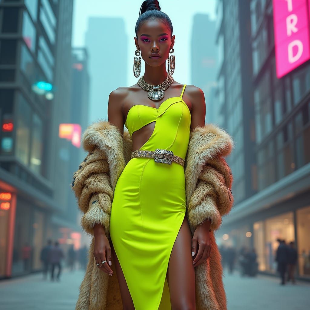 Futuristic Fashion Icon in Neon Urban Landscape