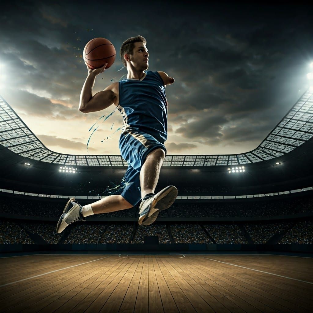 Dynamic One-Armed Basketball Player's Epic Dunk