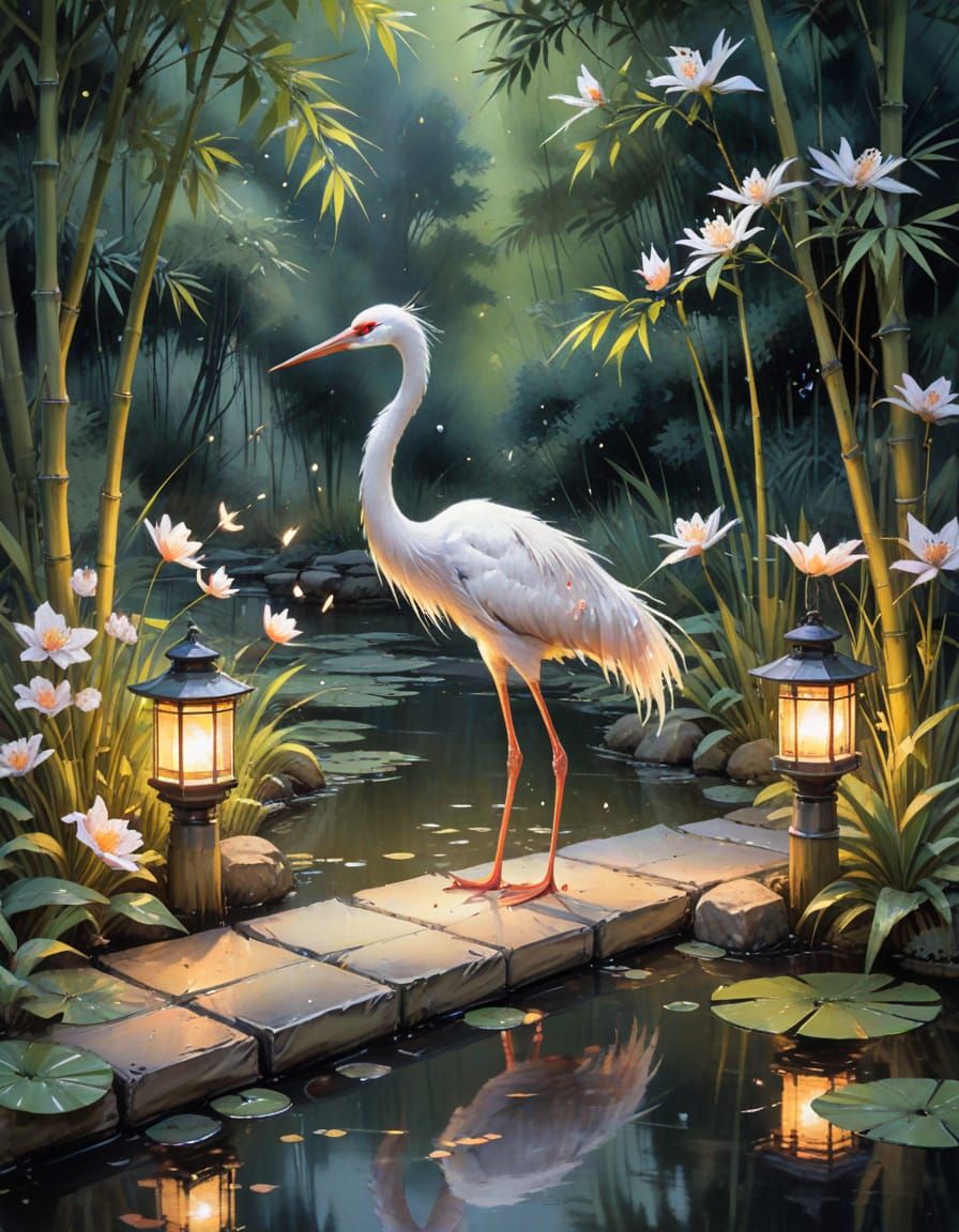 Crane in Spring Garden at Twilight, Watercolor