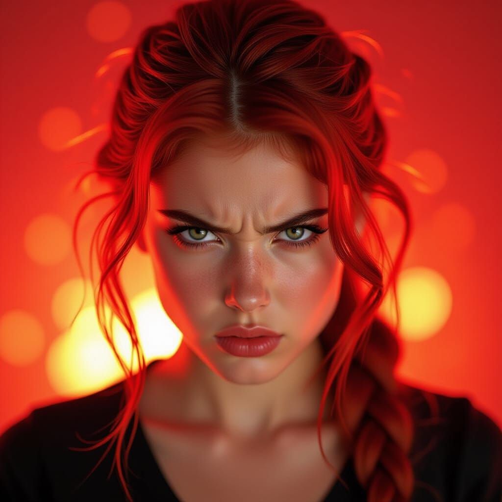 Angry Girl Portrait with Red Hair, Photorealistic Style