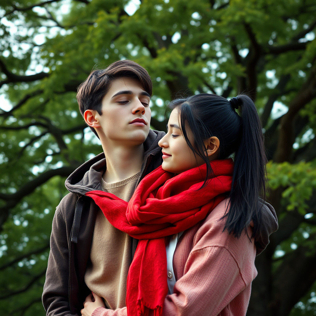 Young Couple Embrace Under Green Tree: Cinematic Film Still