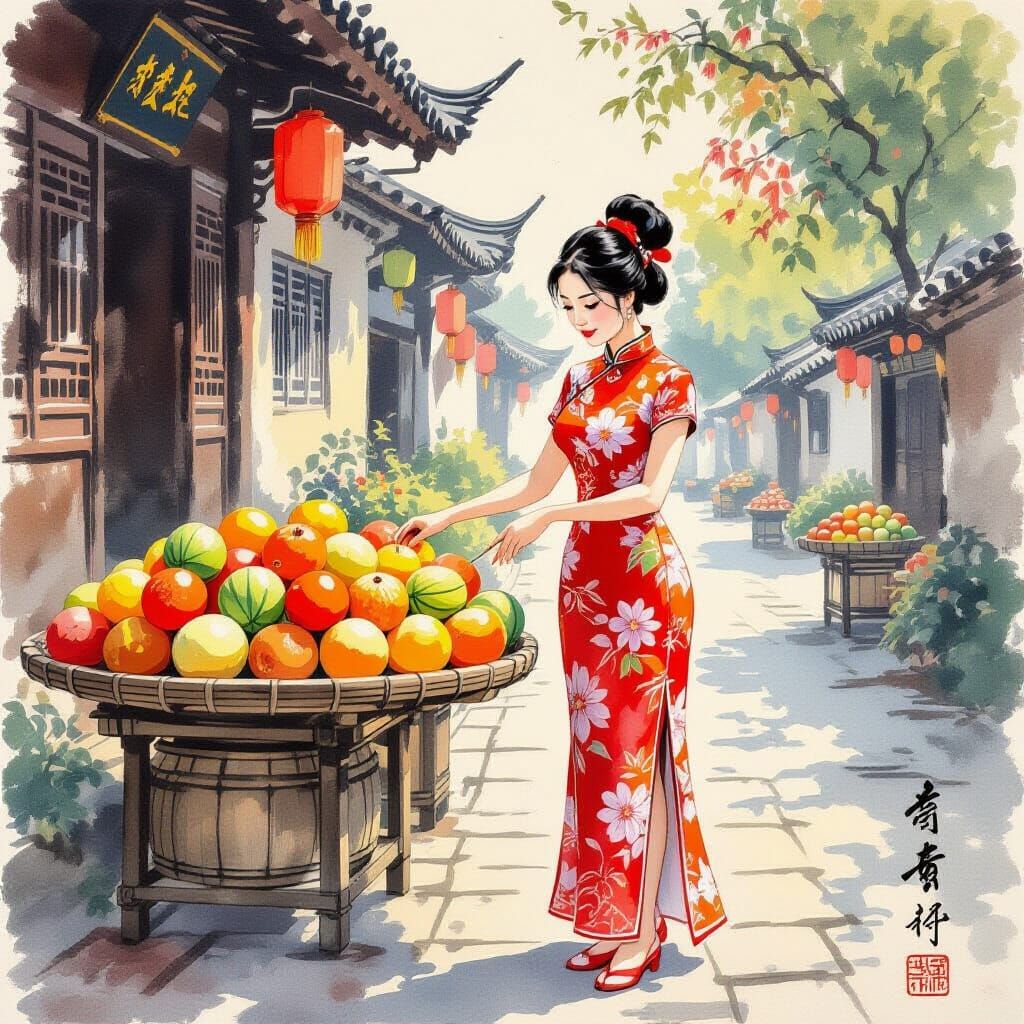 Traditional Asian Woman Selling Melons
