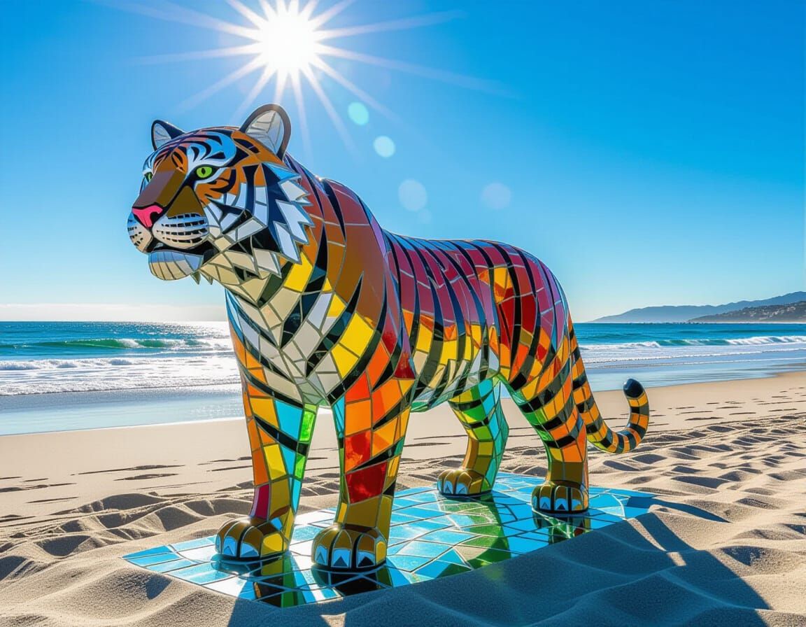 Sea Glass Tiger Sculpture on Long Beach Shore
