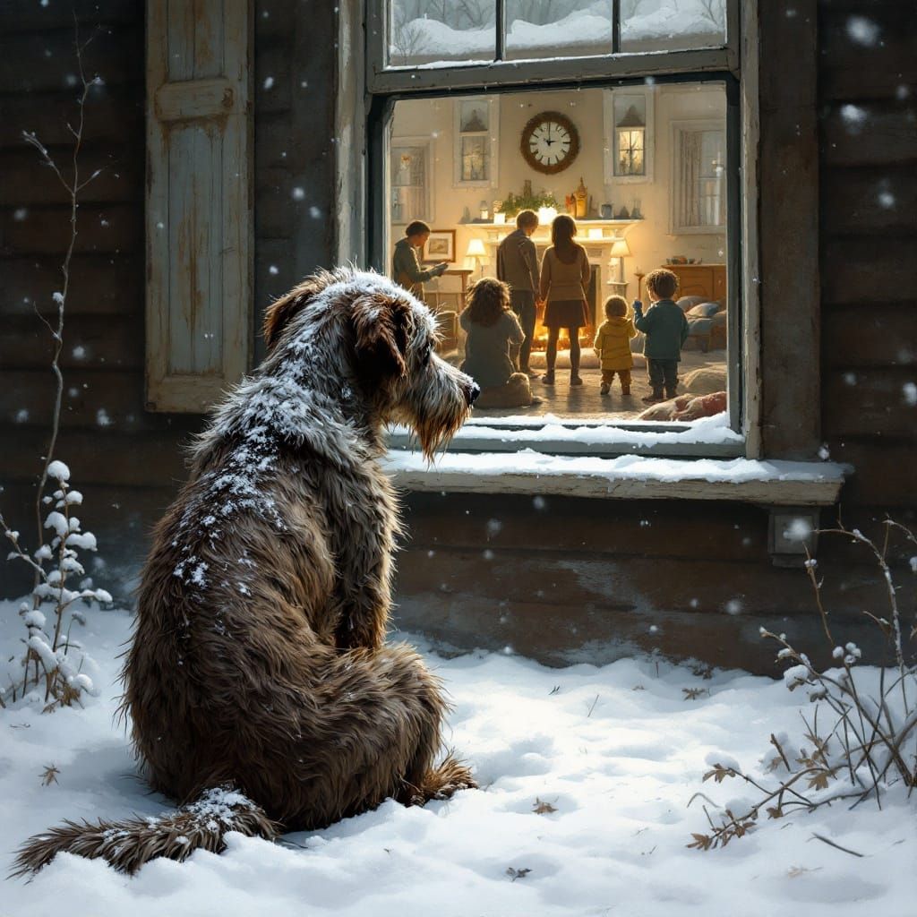 A Lonely Stray Dog Looks Longingly Inside a Warm Home