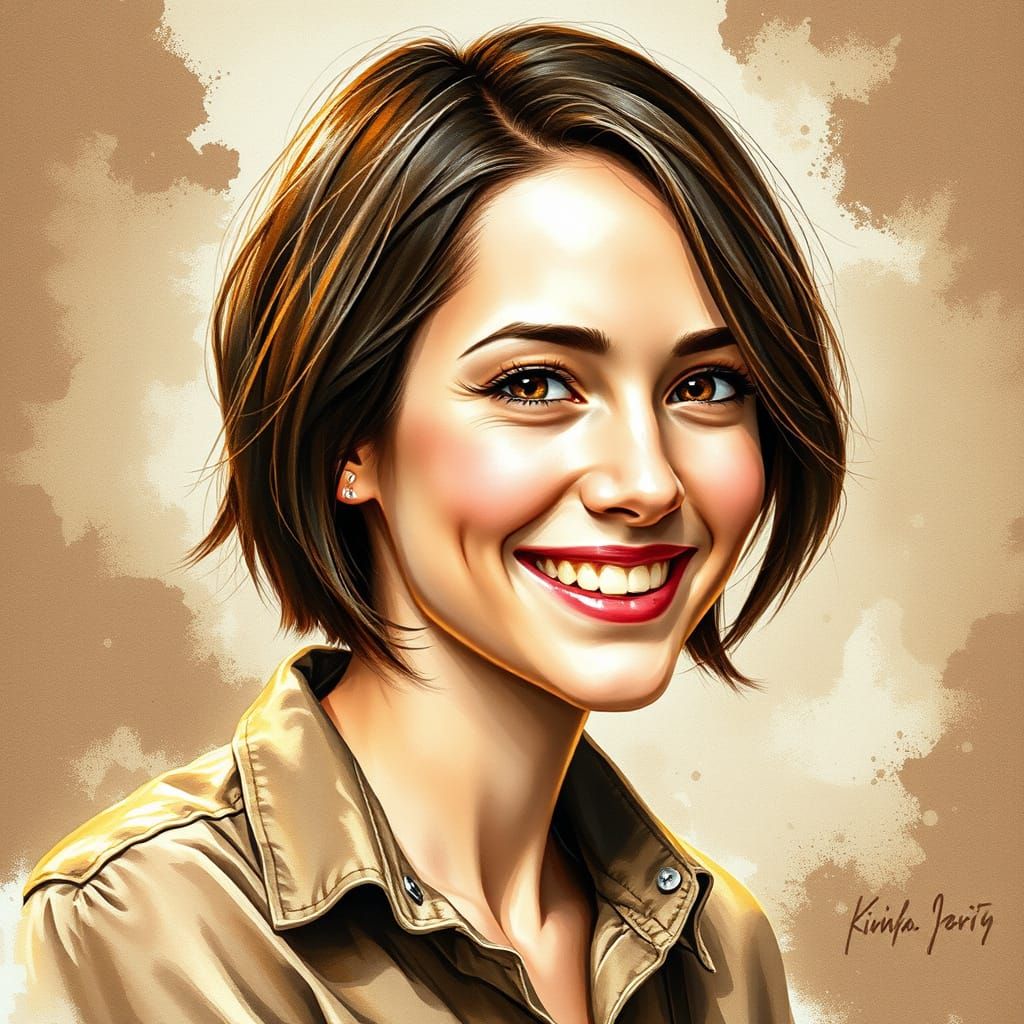 Watercolor Portrait of a Beautiful Woman with Brown Hair